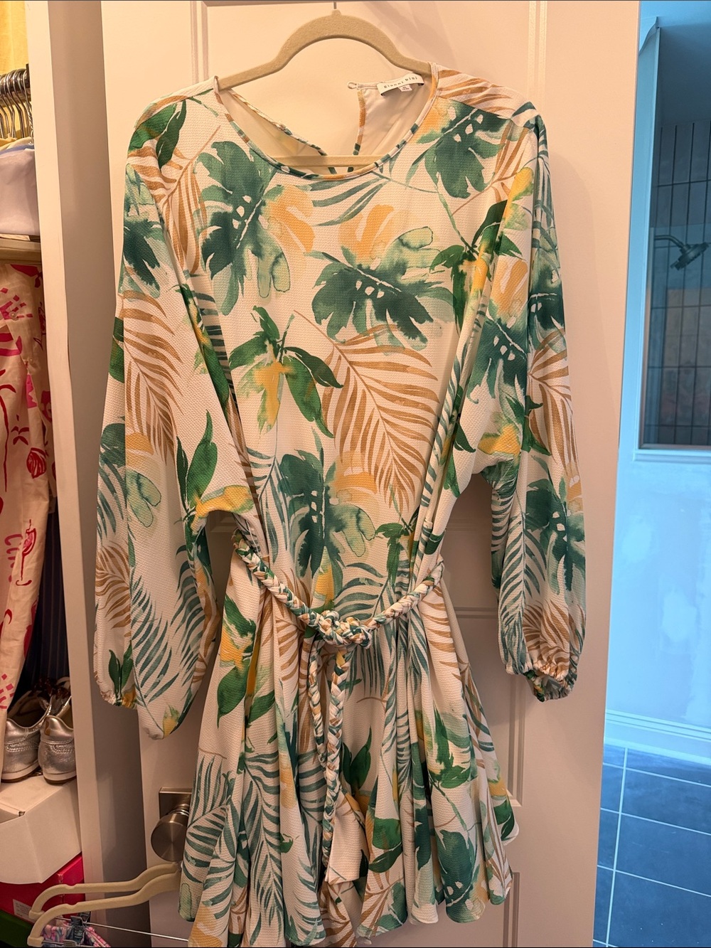 Gianni Bini Tropical Palm Print Green Yellow White Dress